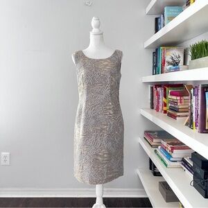 Lafayette 148 Shimmer Squiggle Pattern Sleeveless Gray Tan Sheath Dress Size 4